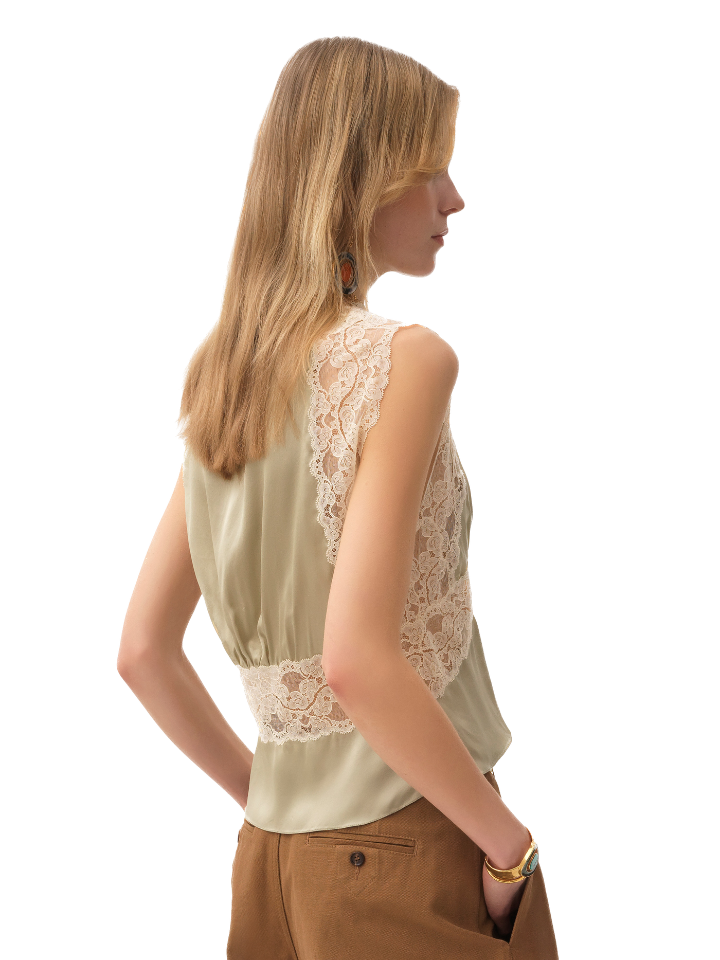 CHLOÉ - Top col V en satin de soie et dentelle