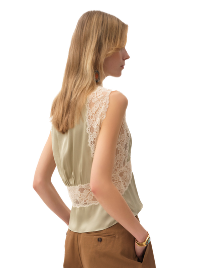 CHLOÉ - Top col V en satin de soie et dentelle