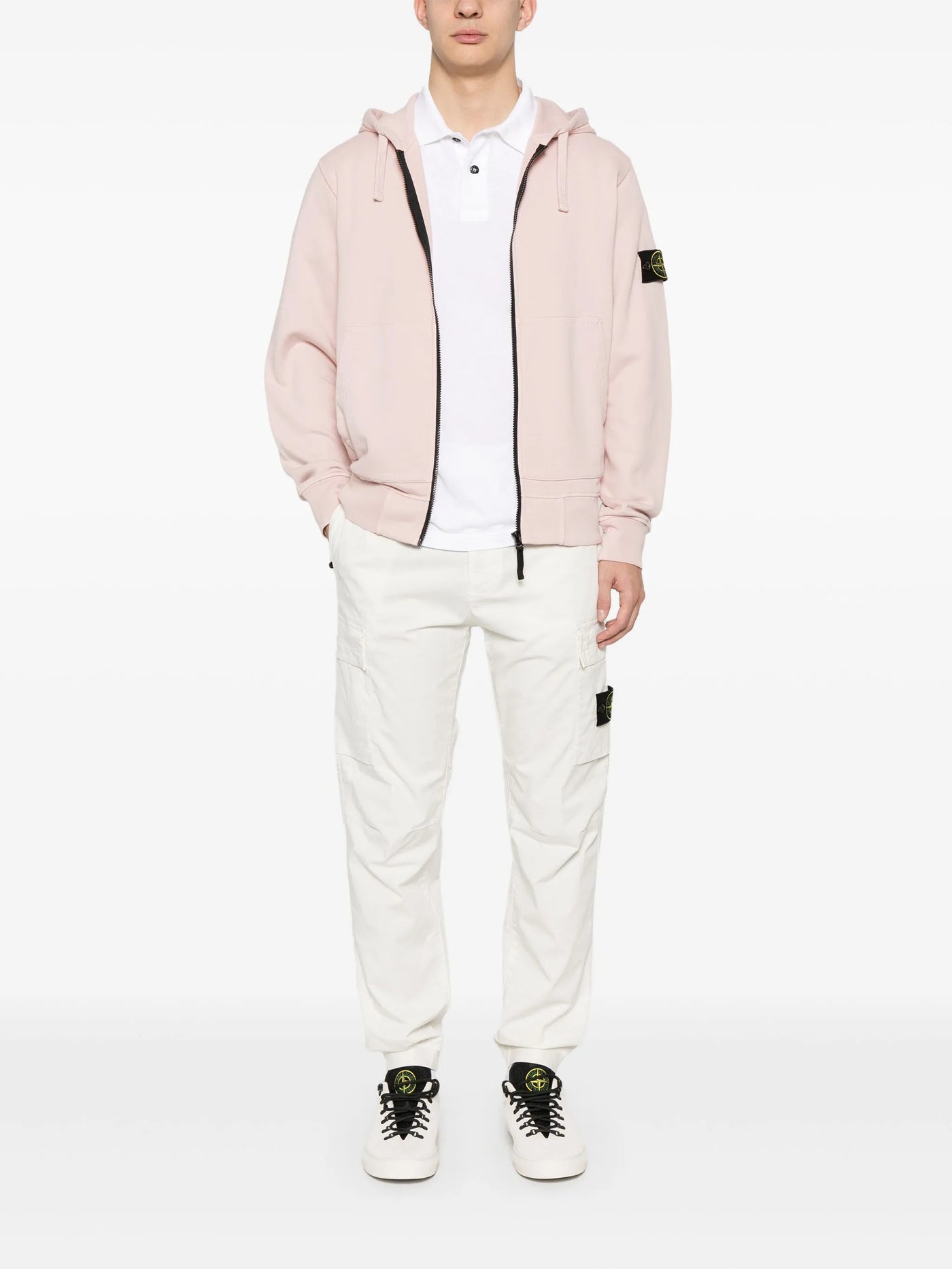 STONE ISLAND - Hoodie zippé rose pâle