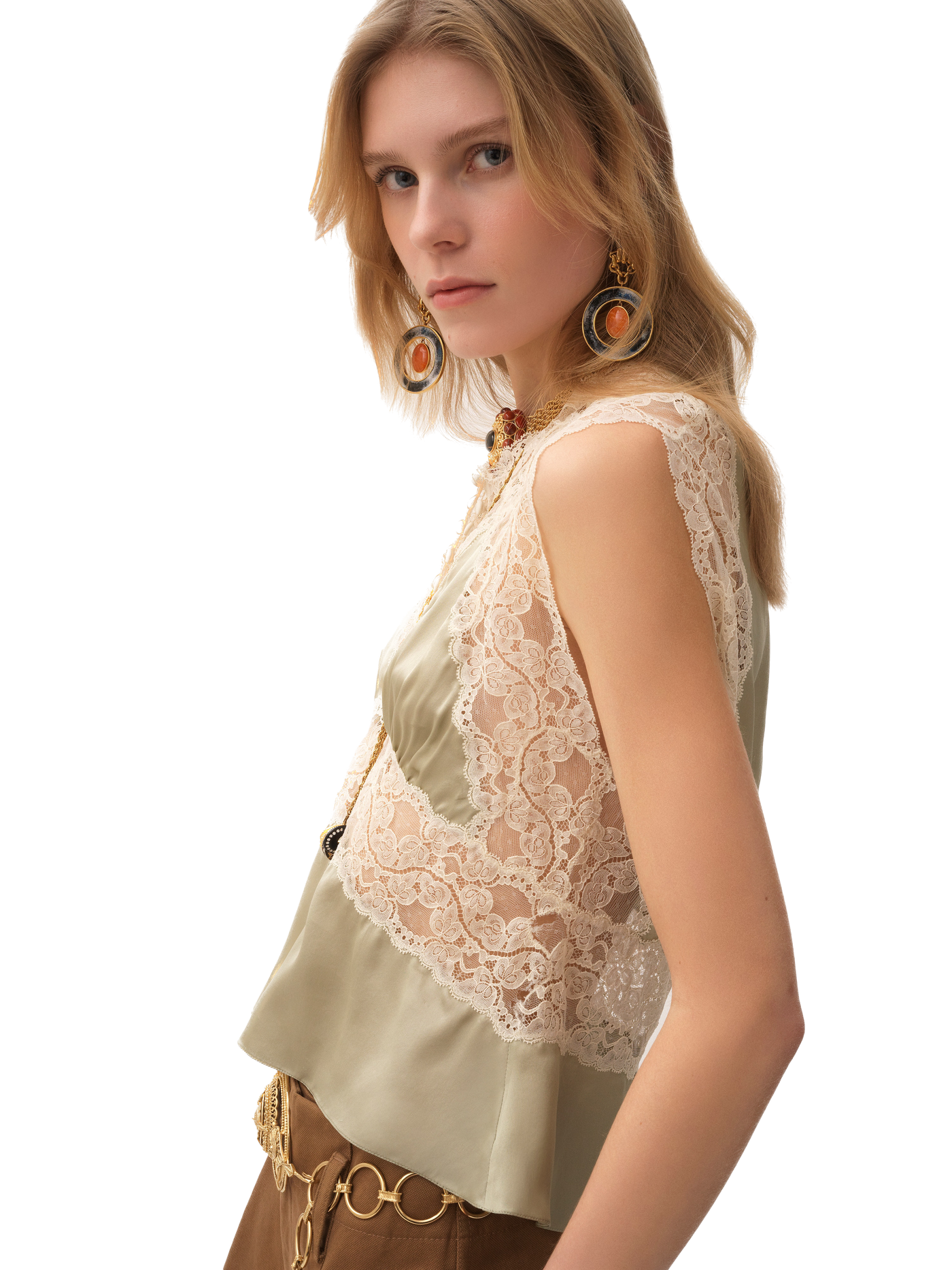 CHLOÉ - Top col V en satin de soie et dentelle