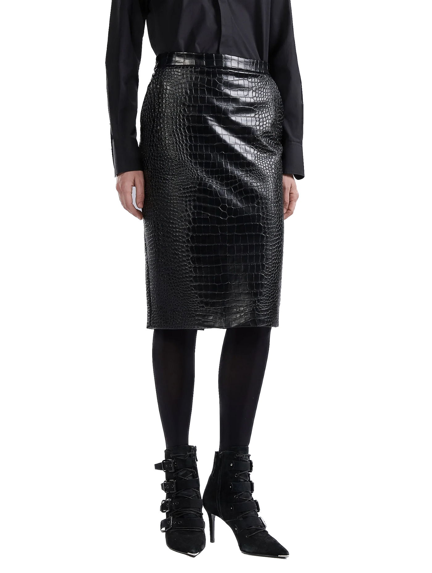 BARBARA BUI - Jupe crayon en cuir vegan embossé croco noir
