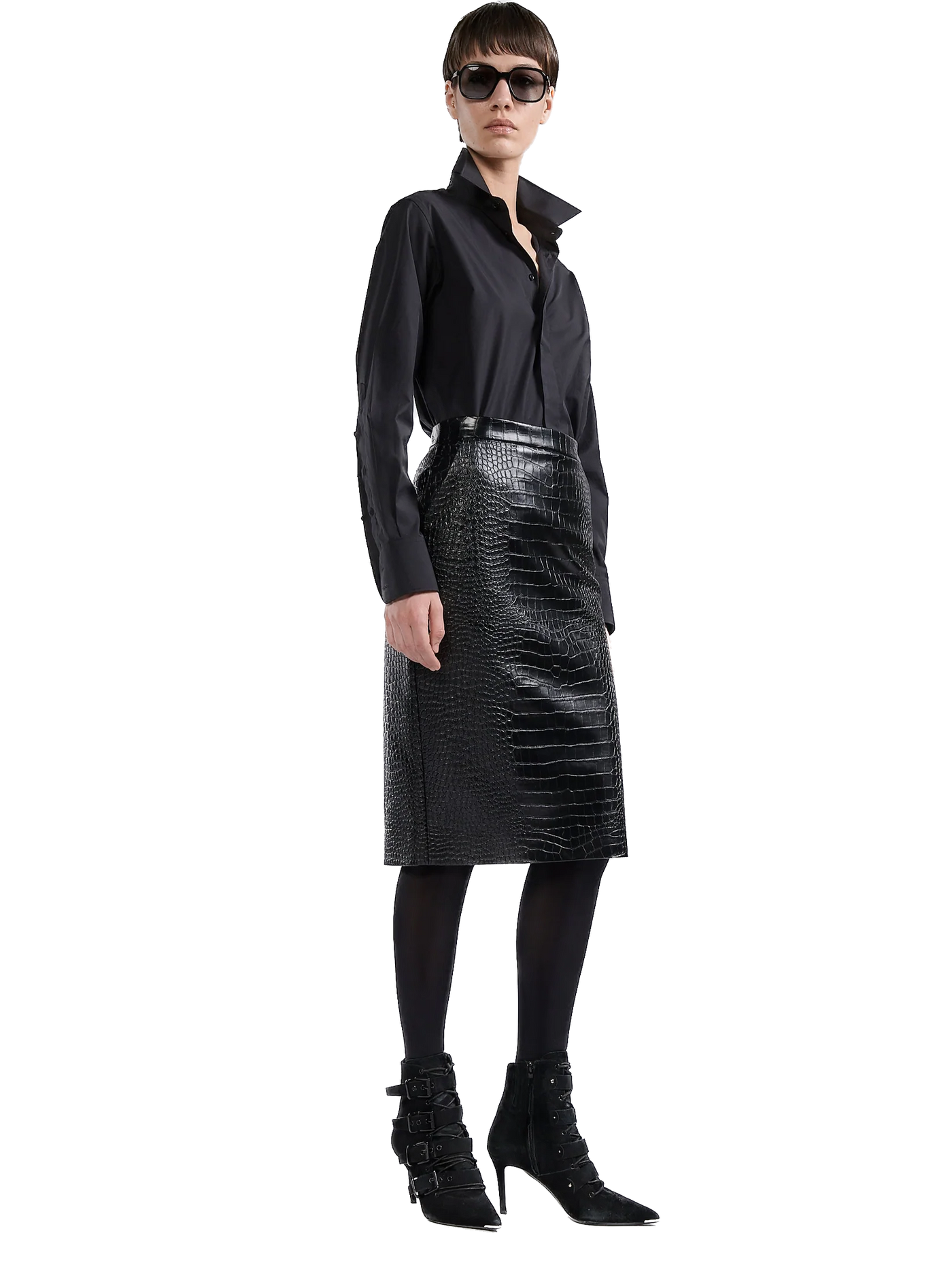 BARBARA BUI - Jupe crayon en cuir vegan embossé croco noir