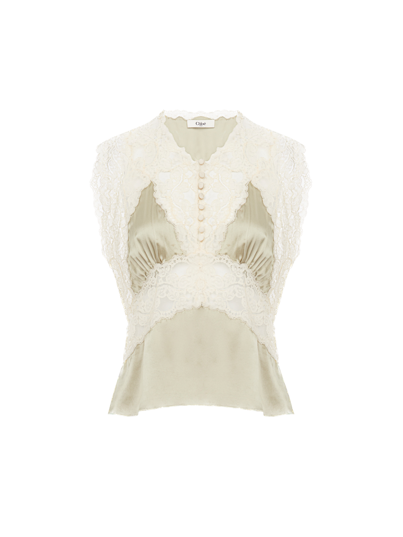 CHLOÉ - Top col V en satin de soie et dentelle