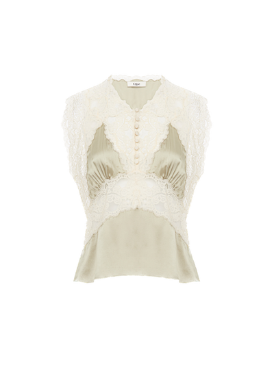 CHLOÉ - Top col V en satin de soie et dentelle