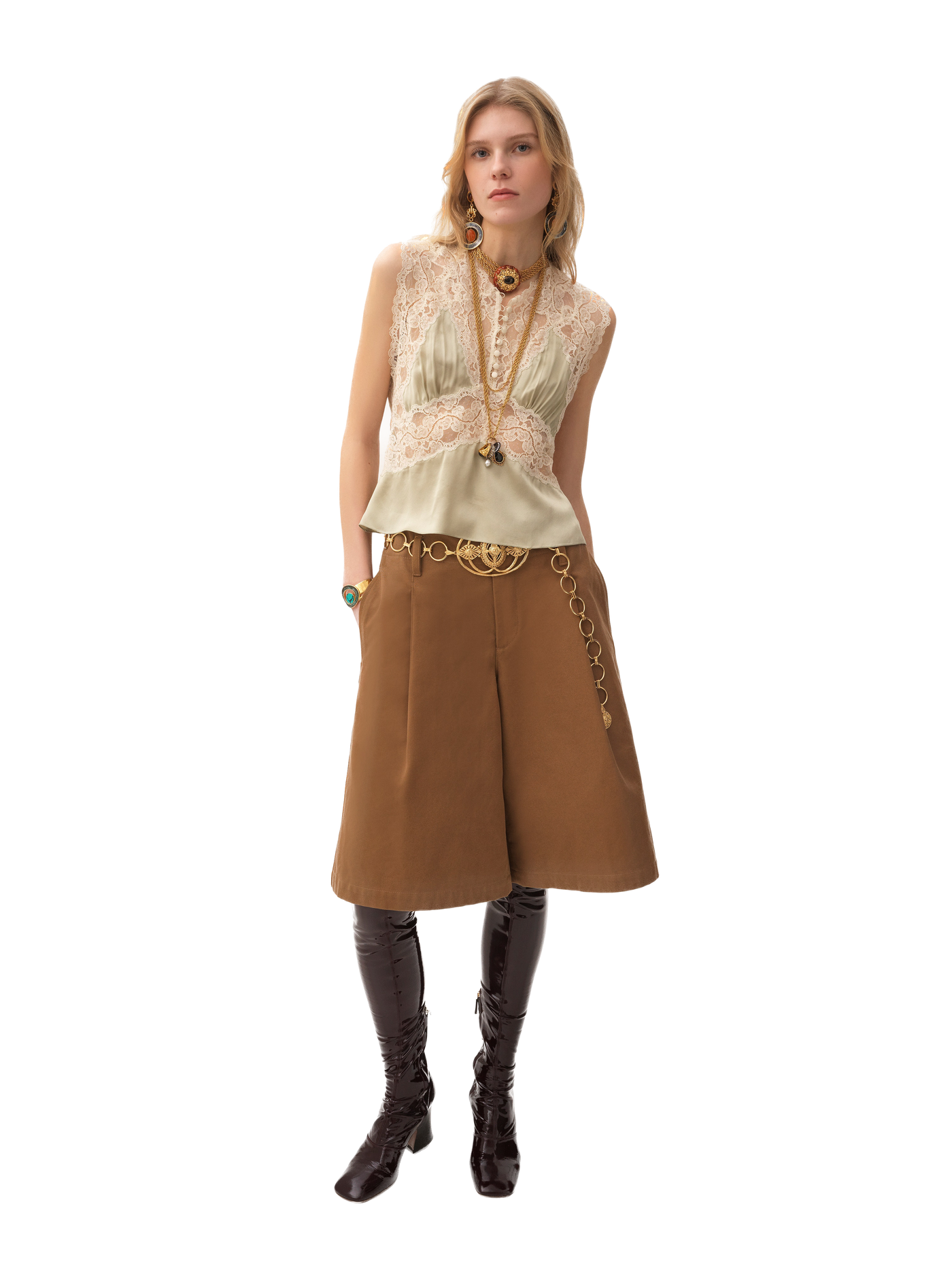 CHLOÉ - Top col V en satin de soie et dentelle