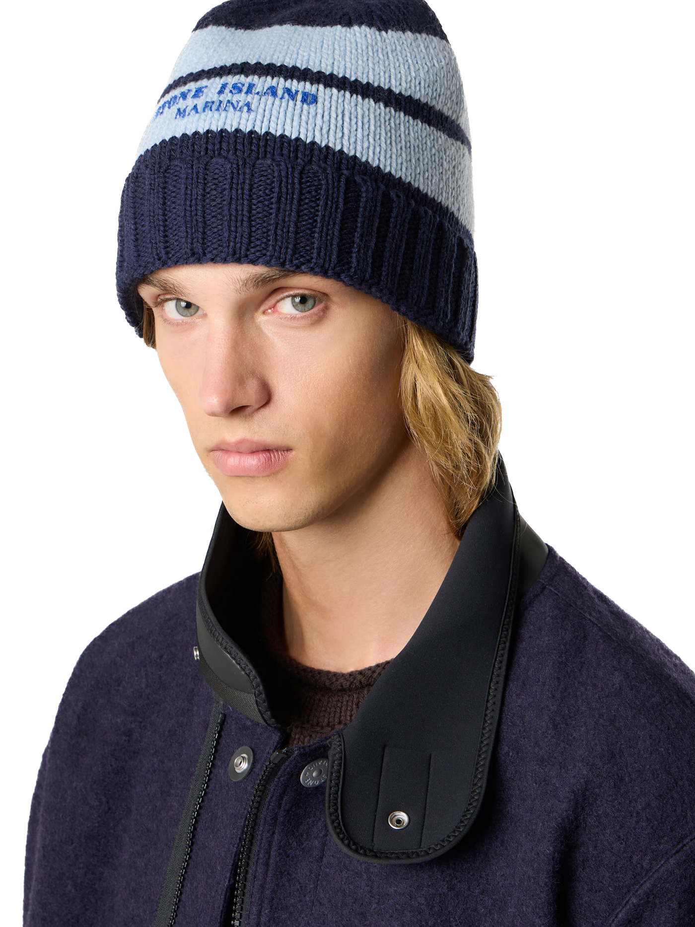 STONE ISLAND MARINA - Bonnet en laine à rayures et revers côtelé