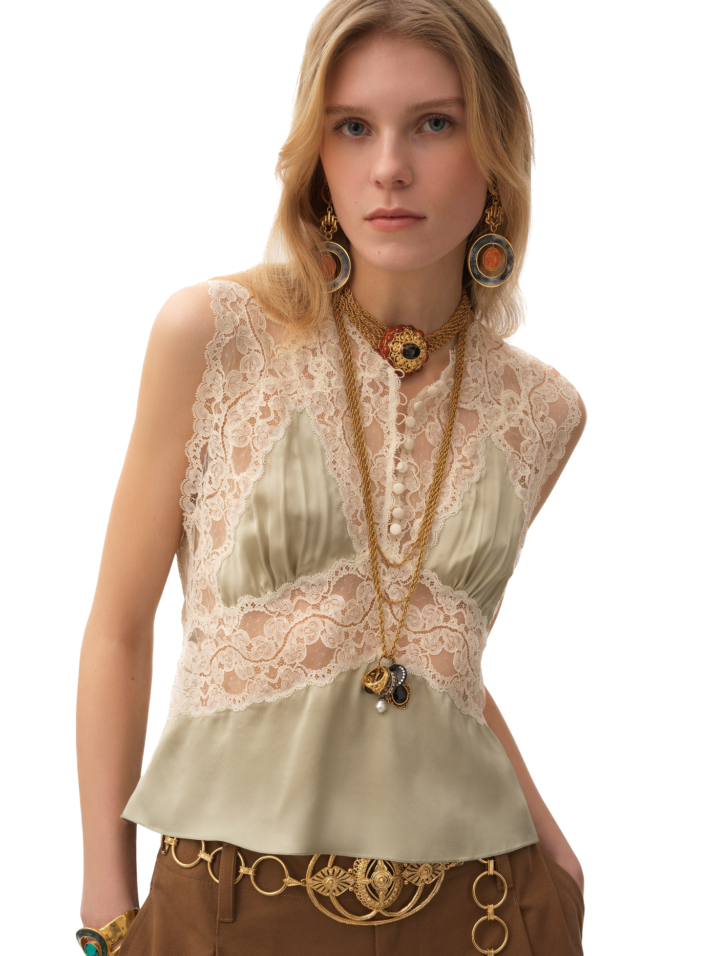 CHLOÉ - Top col V en satin de soie et dentelle