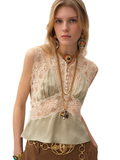 CHLOÉ - Top col V en satin de soie et dentelle