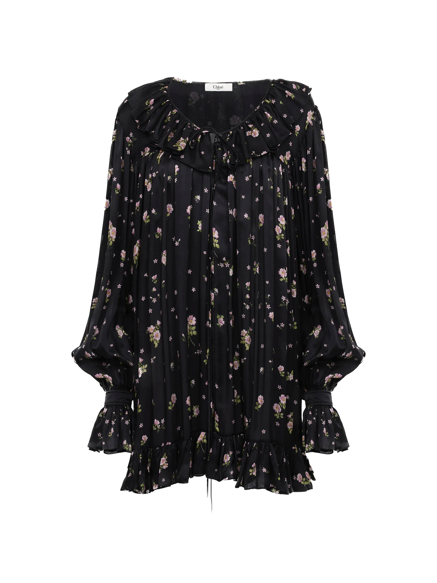 CHLOÉ - Mini robe manches longues froncée en charmeuse de soie