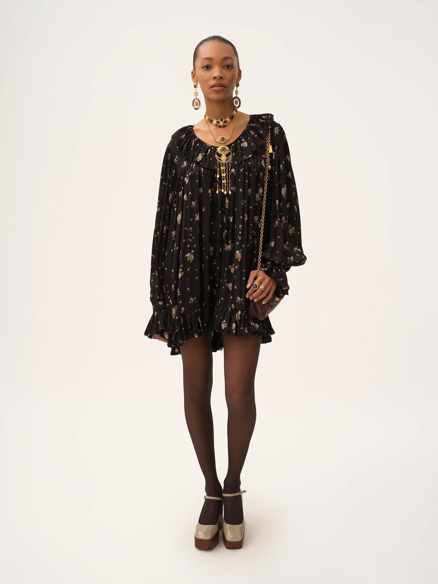 CHLOÉ - Mini robe manches longues froncée en charmeuse de soie