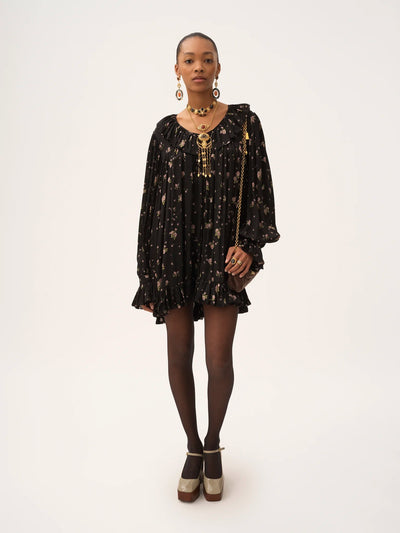 CHLOÉ - Mini robe manches longues froncée en charmeuse de soie