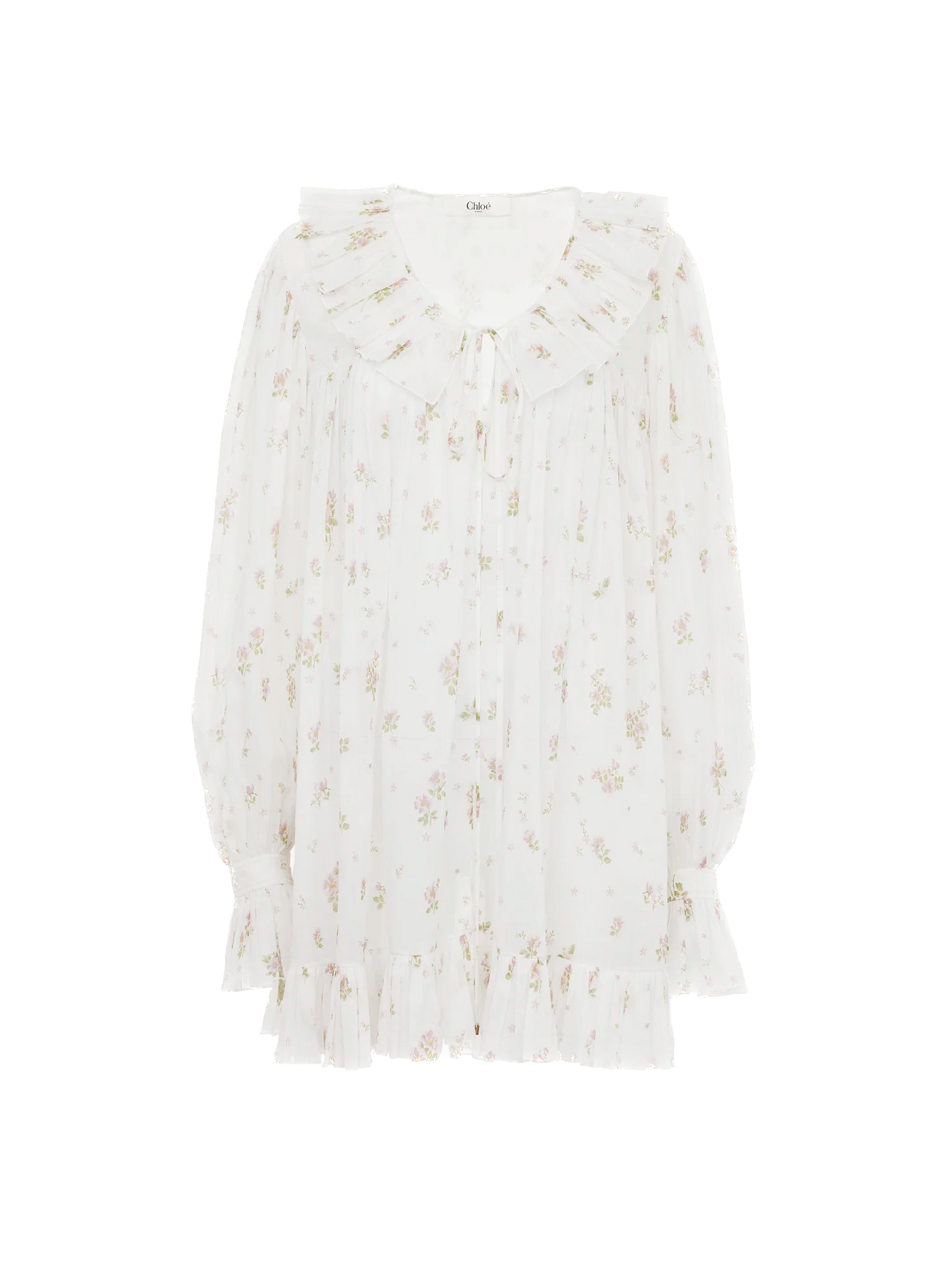 CHLOÉ - Mini robe manches longues froncée en voile de coton