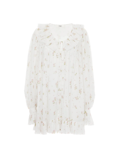 CHLOÉ - Mini robe manches longues froncée en voile de coton