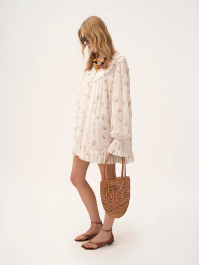 CHLOÉ - Mini robe manches longues froncée en voile de coton