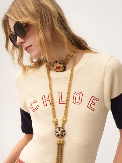 CHLOÉ- T-shirt ajusté en coton et laine flammés à logo